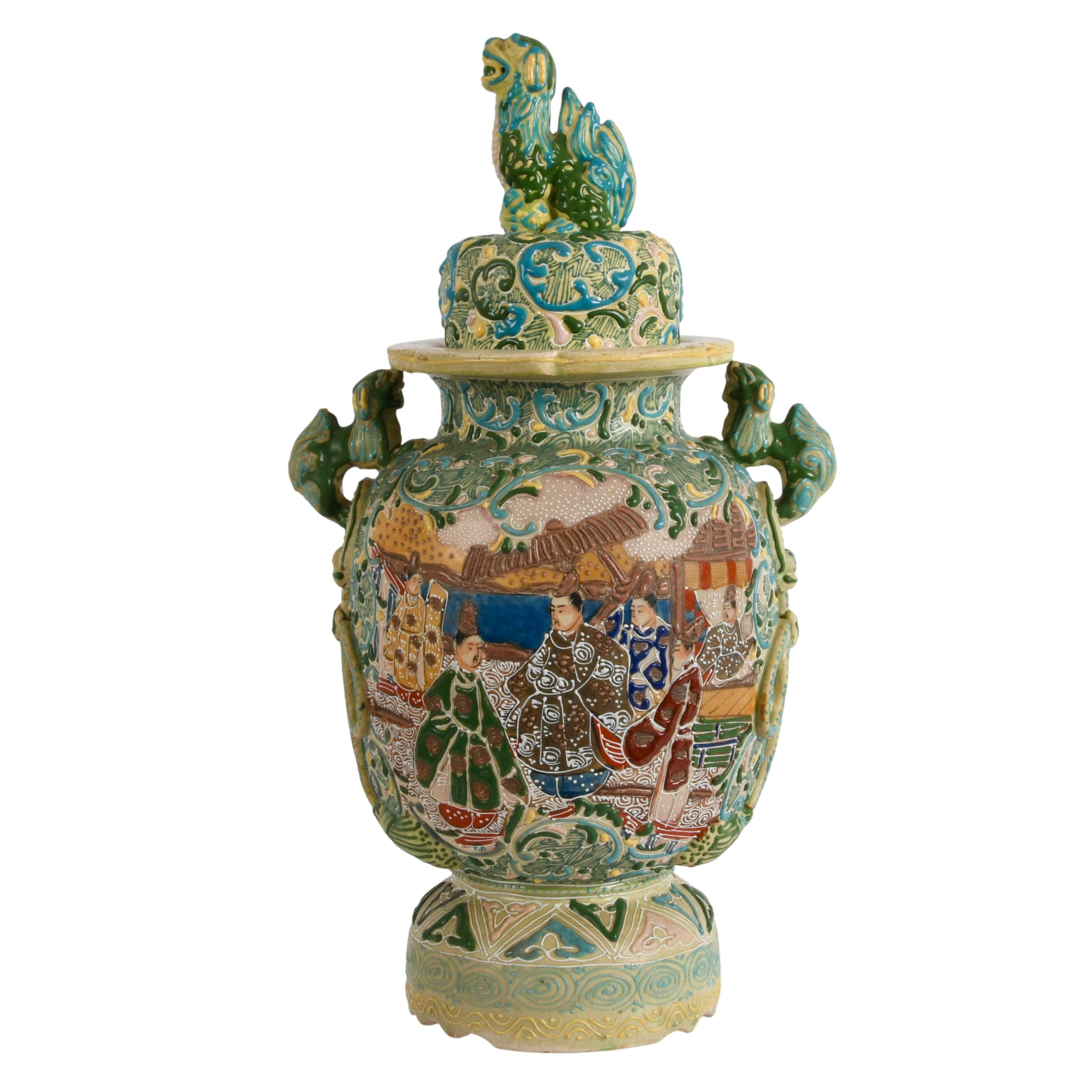 Antique Japanese Carved and Enameled Covered Urn-1
