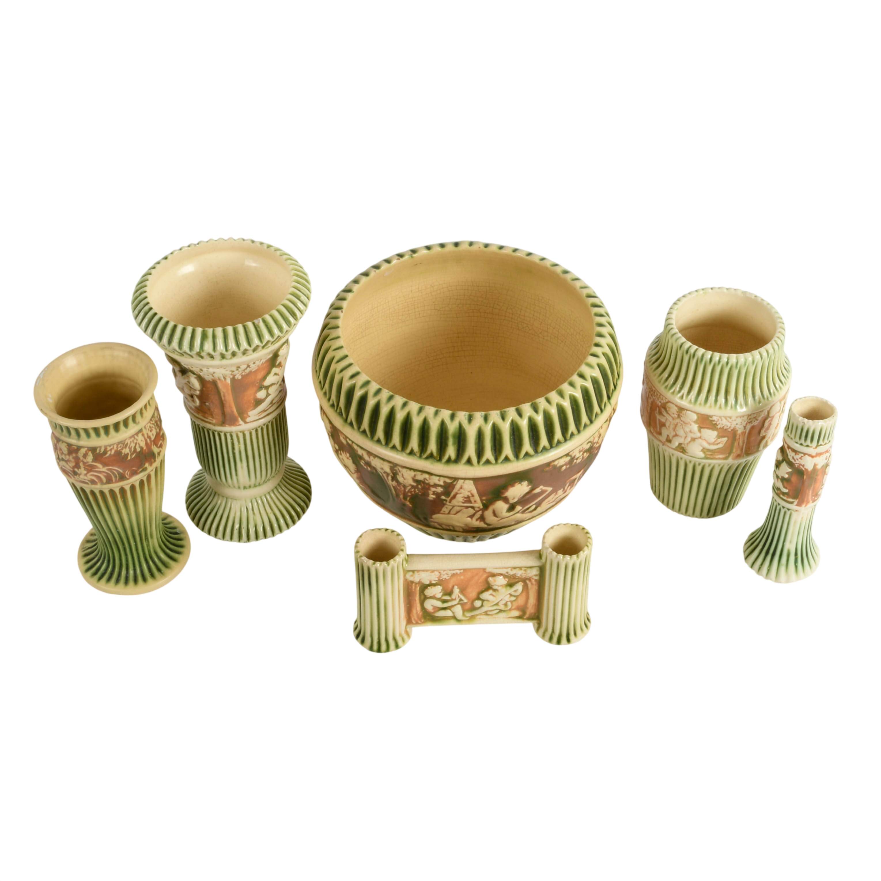 Antique Six-Piece Roseville Pottery Donatello Green and Ivory Vases-2