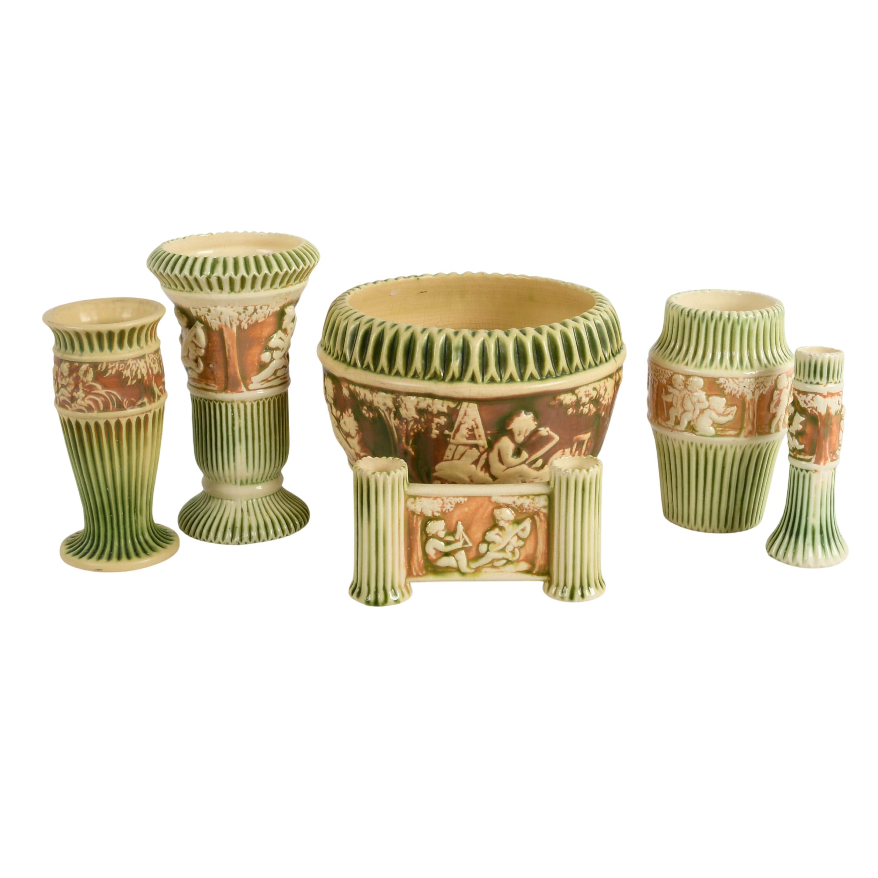 Antique Six-Piece Roseville Pottery Donatello Green and Ivory Vases-1