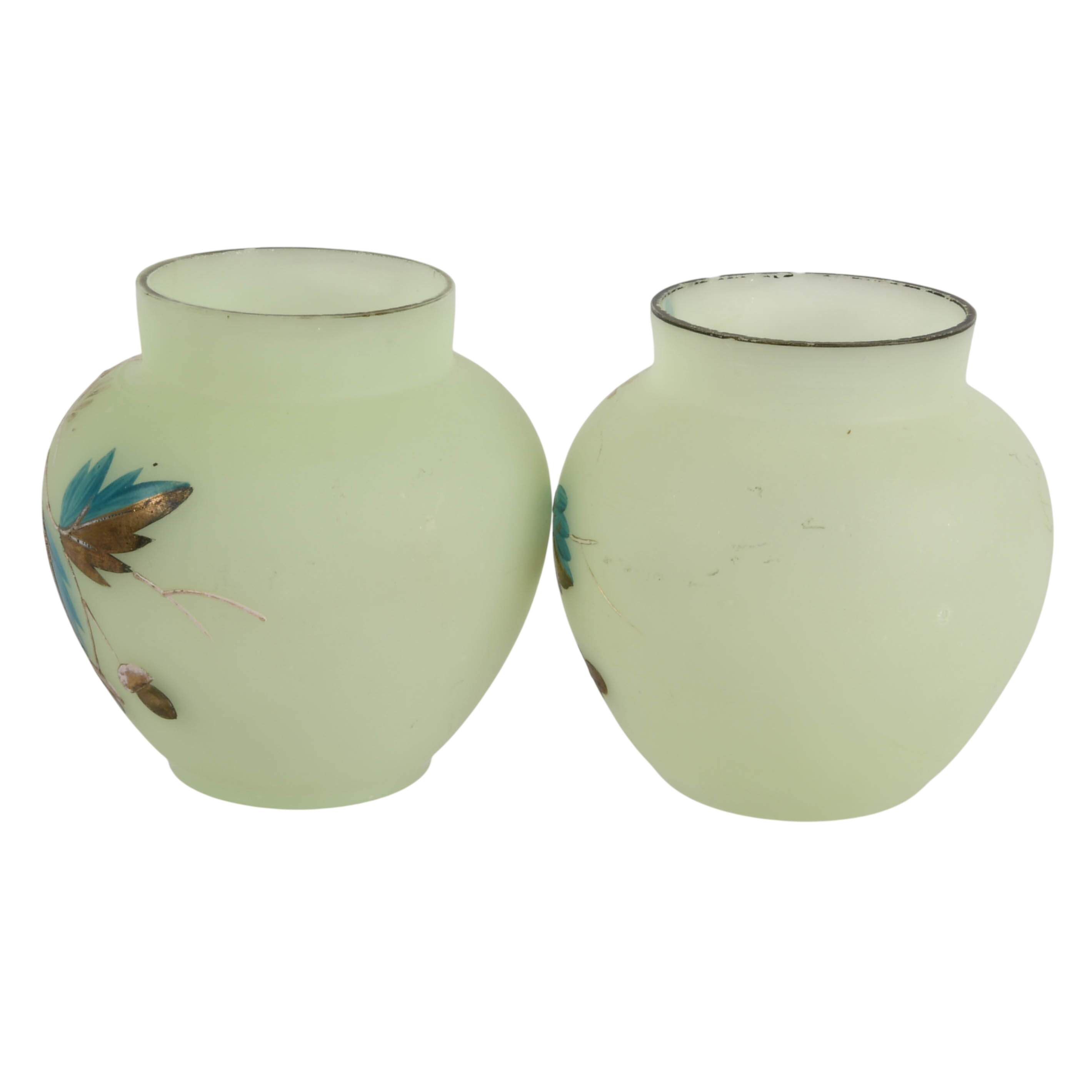 Pair of Victorian Enameled Satin Uranium Bristol Glass Vases-3