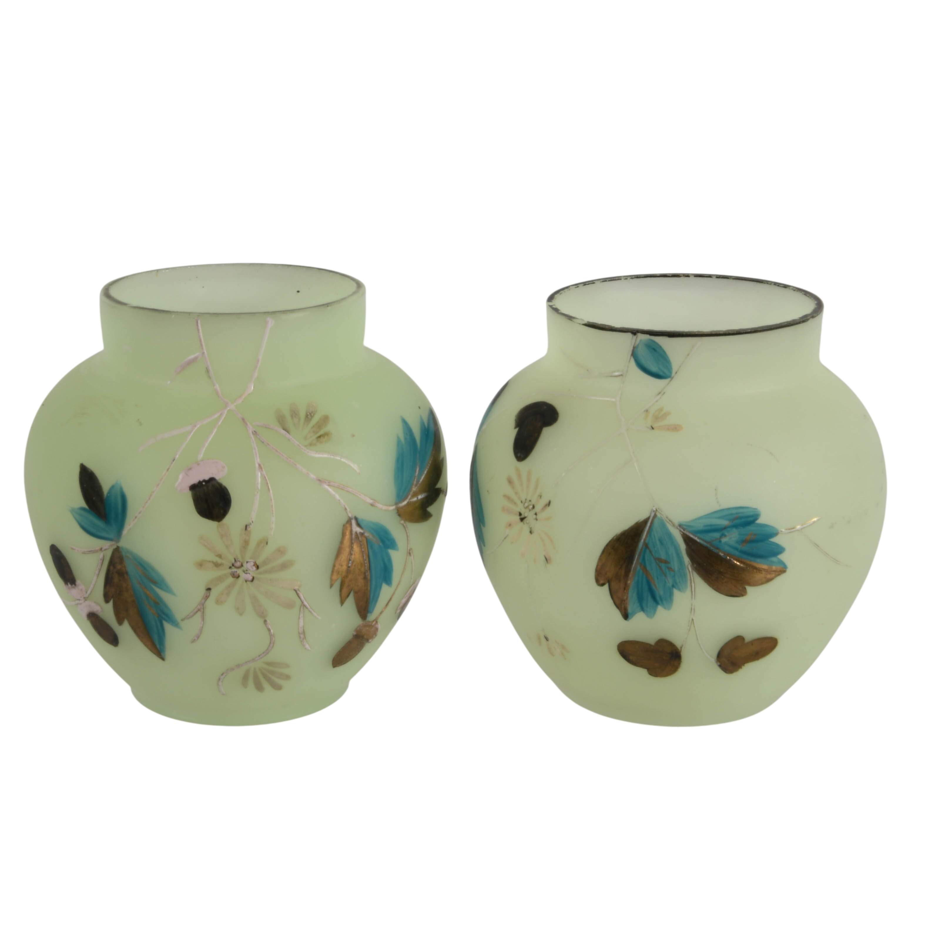 Pair of Victorian Enameled Satin Uranium Bristol Glass Vases-2