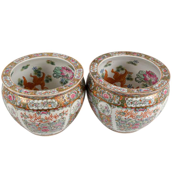 Antique Pair of Chinese Famille Rose Porcelain Fishbowl Planters-3