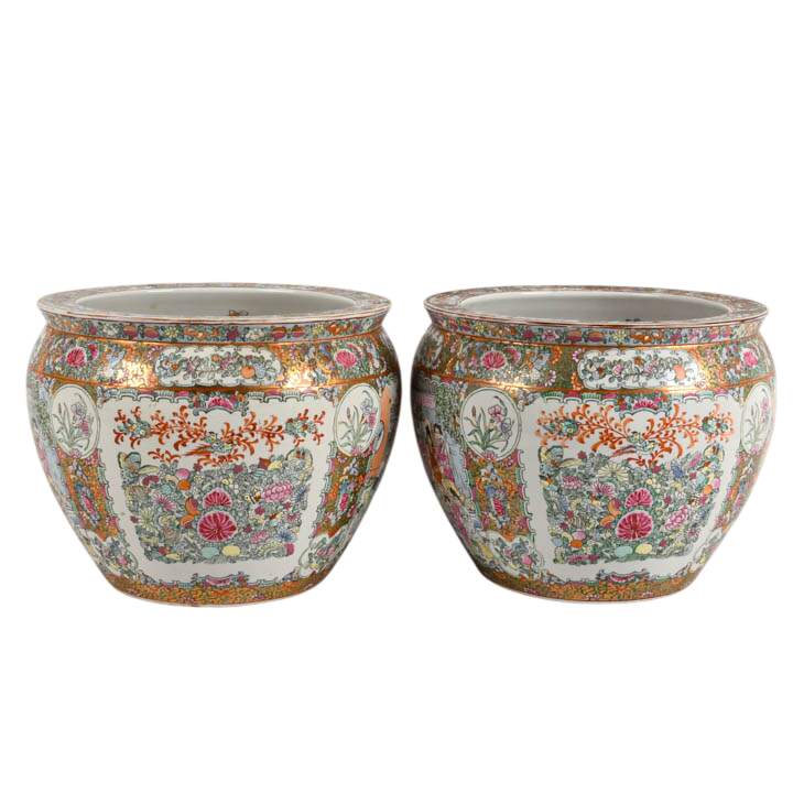 Antique Pair of Chinese Famille Rose Porcelain Fishbowl Planters-1