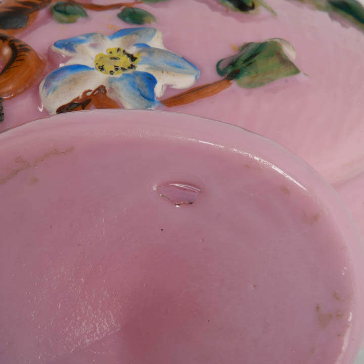 Hand-Painted Pink Opaline Milk Glass Vase with Raised Bird Design-8