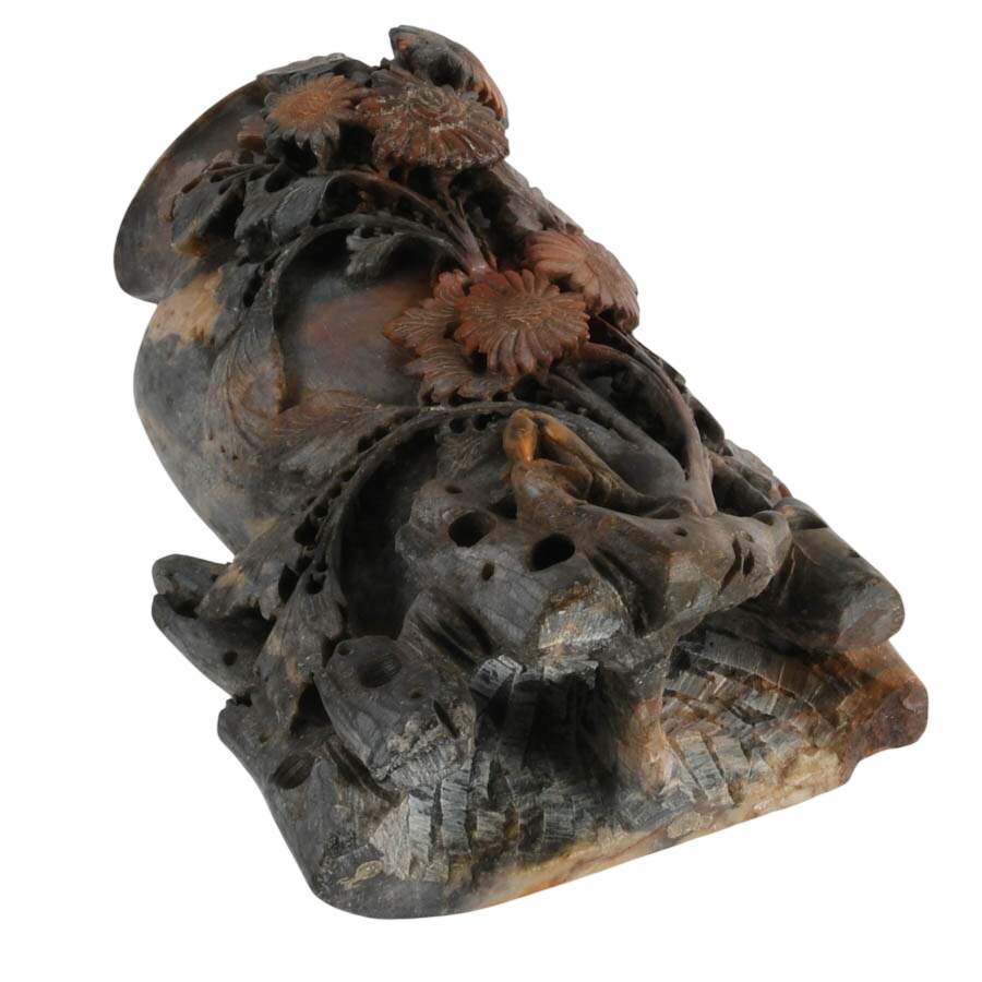 Chinese Carved Floral Soapstone Vase with Flush Back-8
