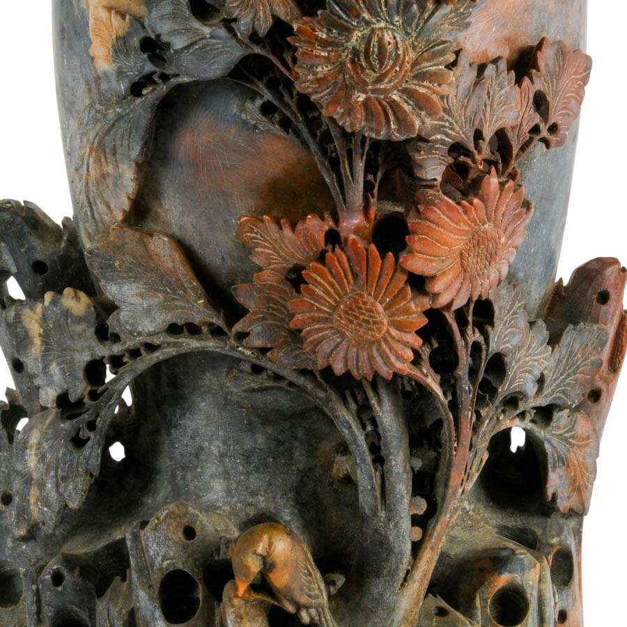 Chinese Carved Floral Soapstone Vase with Flush Back-3