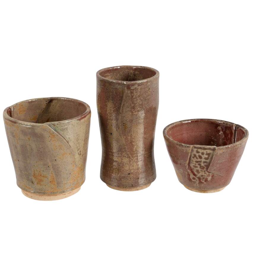Set of Six Signed Dusty Rose Studio Pottery Vases and Bowls-3