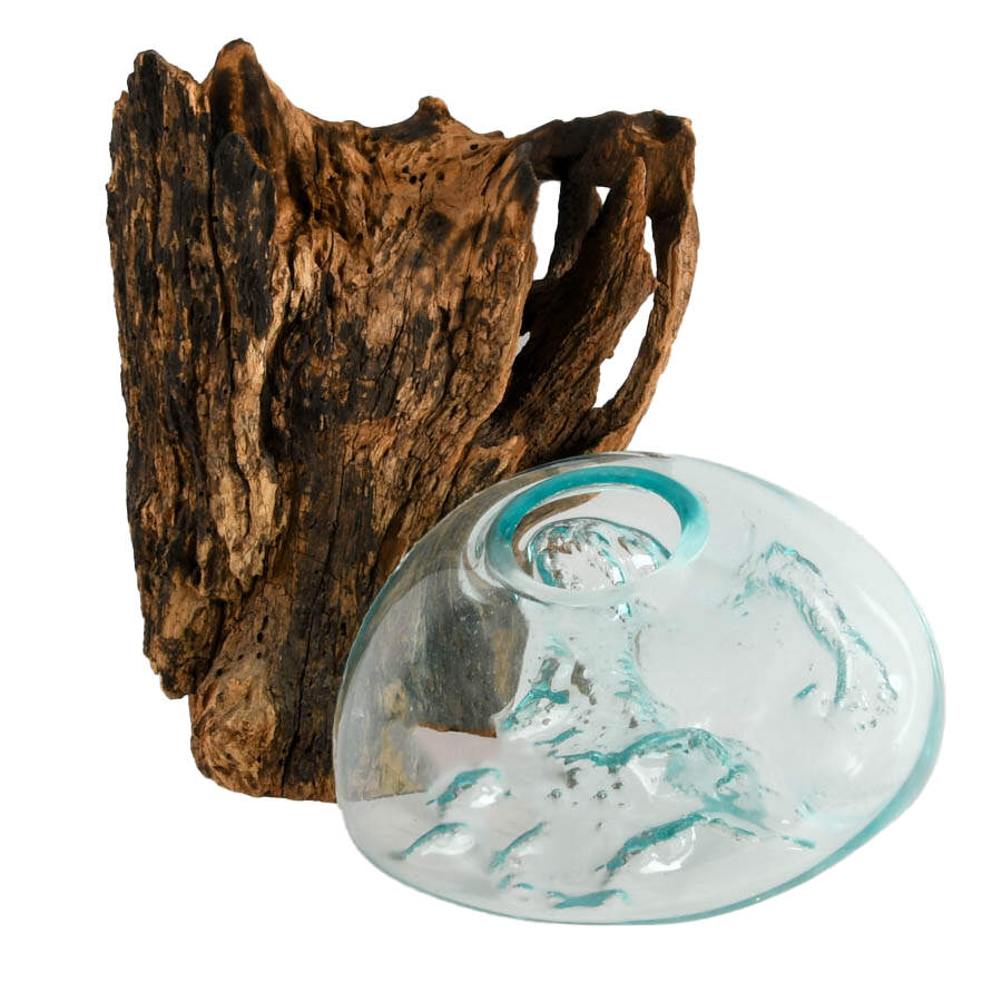 Large Sculptural Molten Glass Vase on Wood Root Base-5