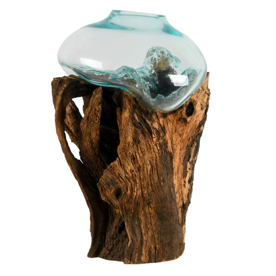Large Sculptural Molten Glass Vase on Wood Root Base-4