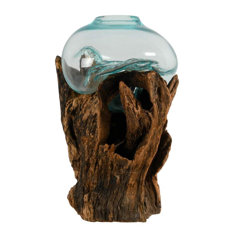 Large Sculptural Molten Glass Vase on Wood Root Base-2