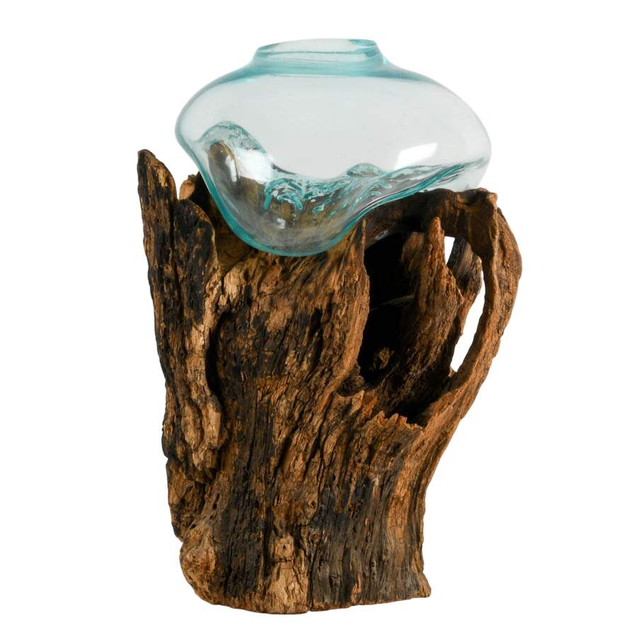 Large Sculptural Molten Glass Vase on Wood Root Base-1