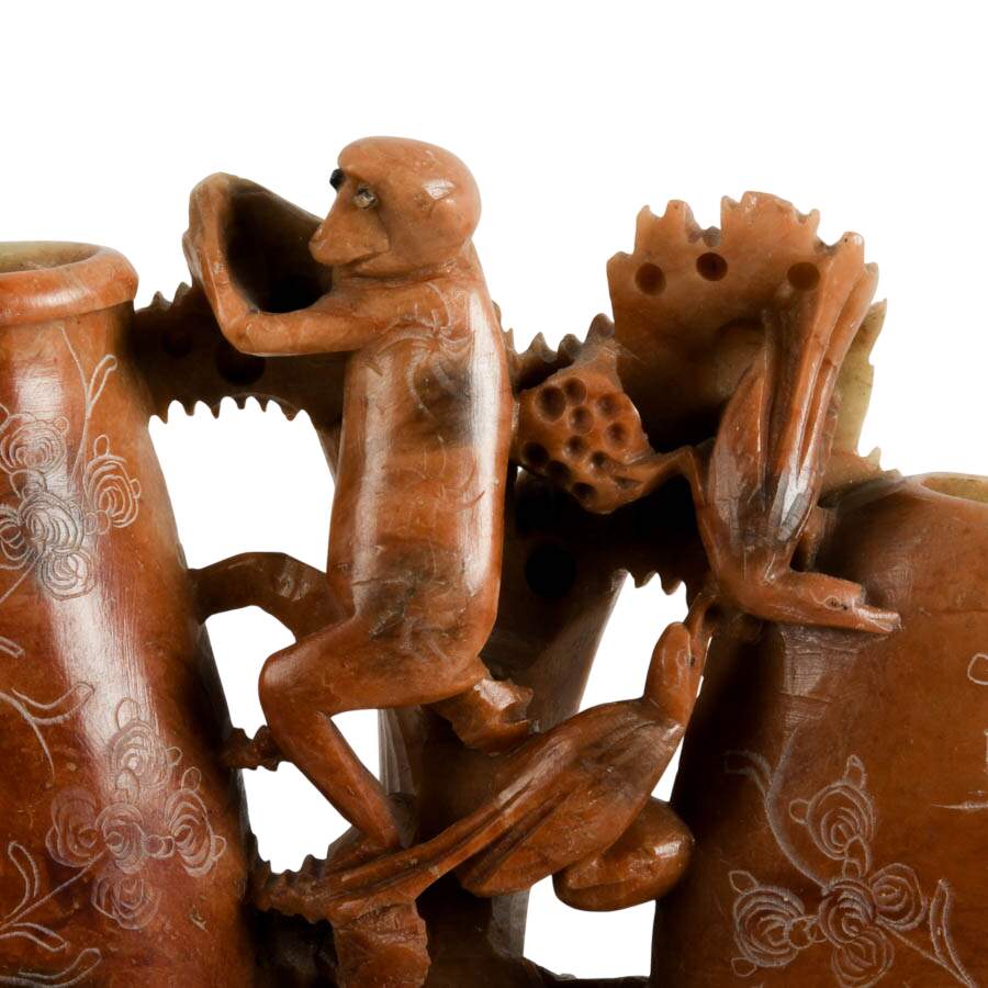 Chinese Carved Soapstone Monkey Vases-2