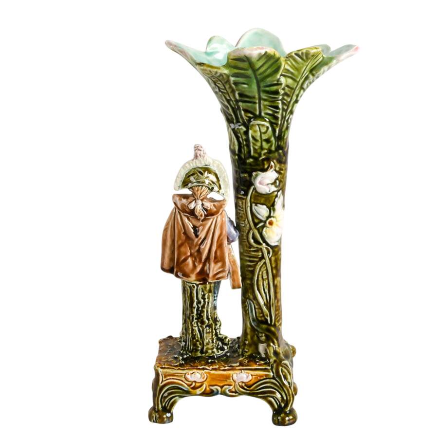 French Art Nouveau Barbotine Majolica Spill Vase-8