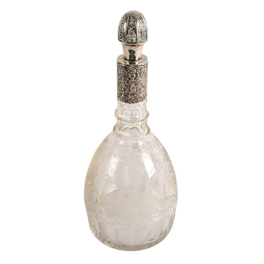 Antique German Etched Glass Decanter with Sterling Collar and Stopper-3