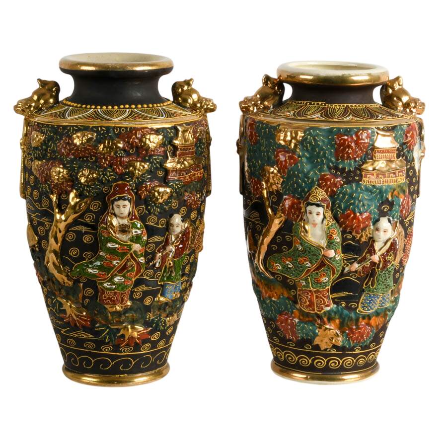 Antique Pair of Japanese Satsuma Earthenware Vases-1