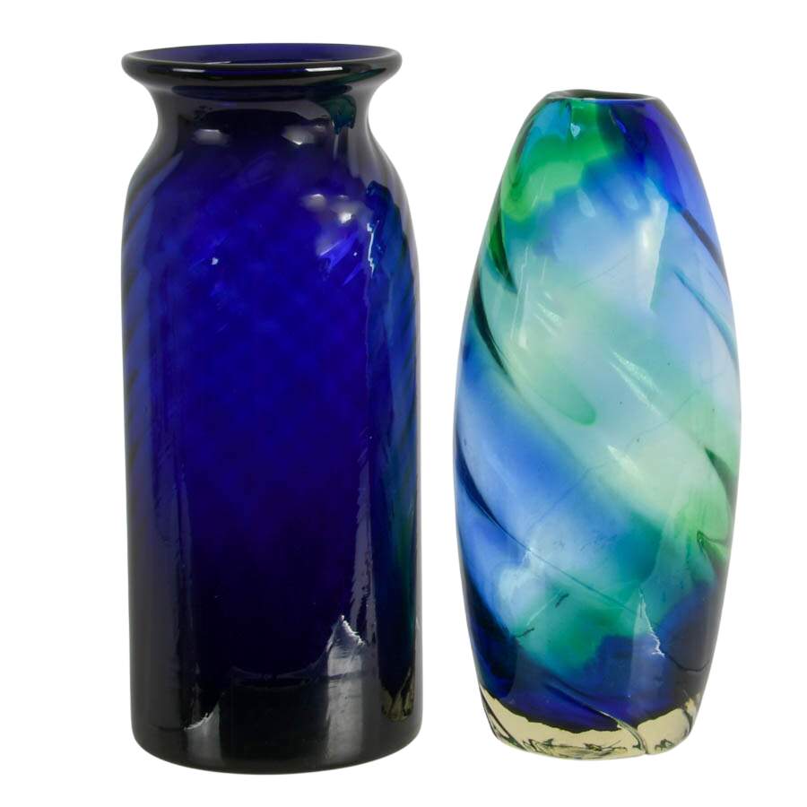 Pair of Artisan Cobalt Blue Glass Vases-1