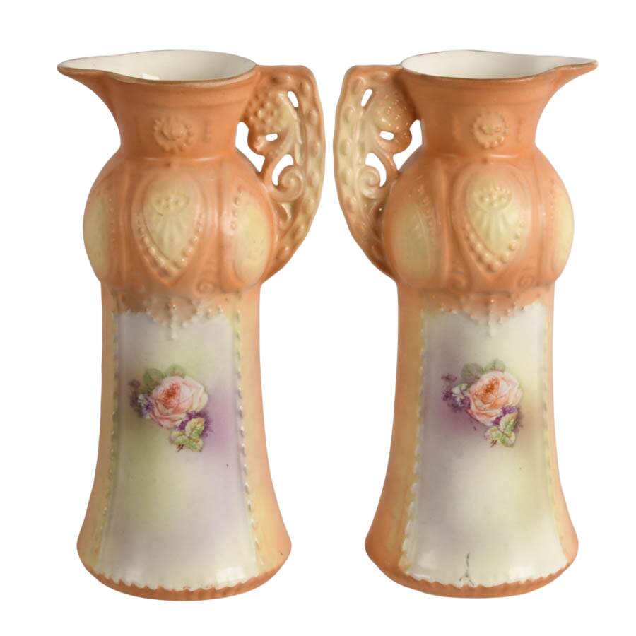 Antique Pair of Austrian Robert Hanke Floral Porcelain Ewers-3