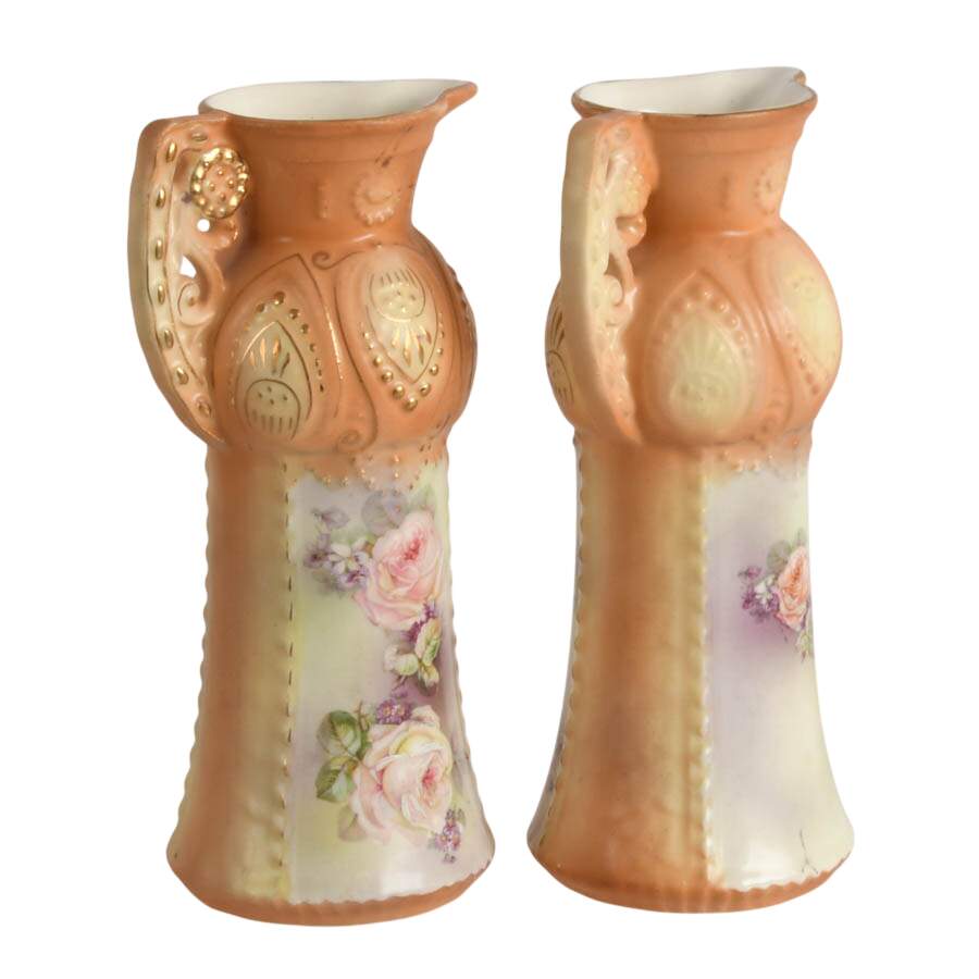 Antique Pair of Austrian Robert Hanke Floral Porcelain Ewers-2