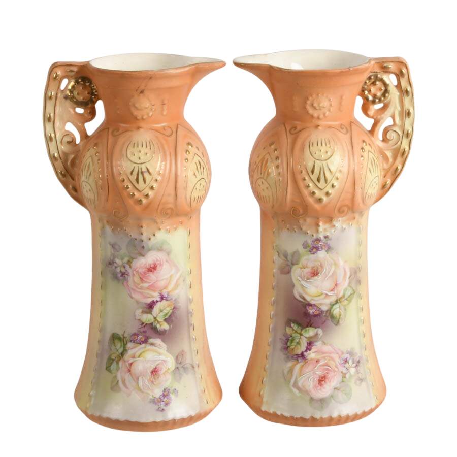 Antique Pair of Austrian Robert Hanke Floral Porcelain Ewers-1