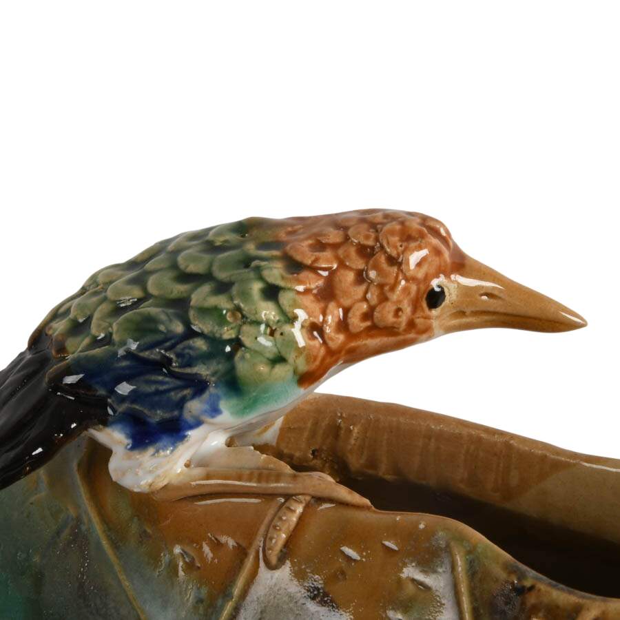 Majolica Kingfisher and Lily Pad Ceramic Vase-3