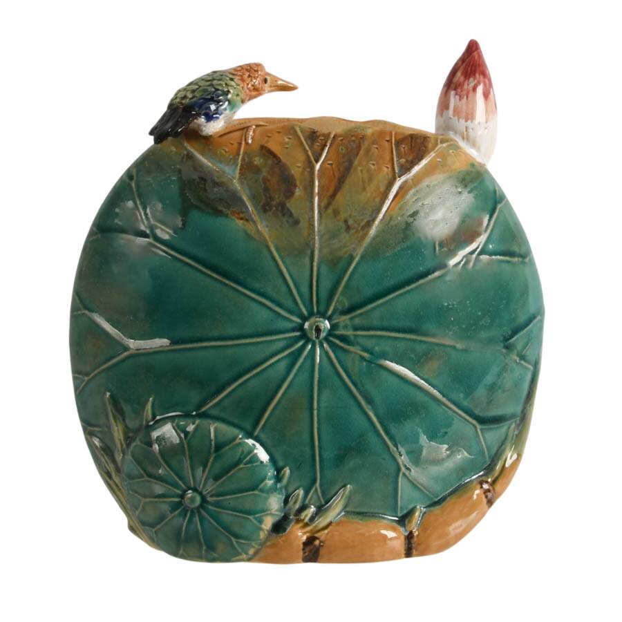 Majolica Kingfisher and Lily Pad Ceramic Vase-1