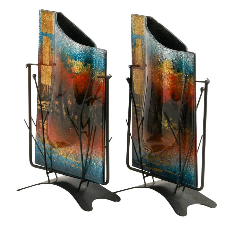 Pair of Jasmine Studios Art Glass Vases with Metal Stands by Benjamin Chang-3