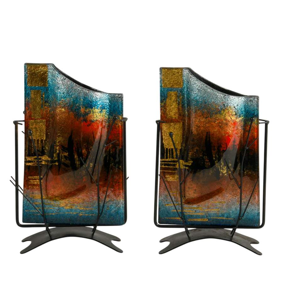 Pair of Jasmine Studios Art Glass Vases with Metal Stands by Benjamin Chang-2