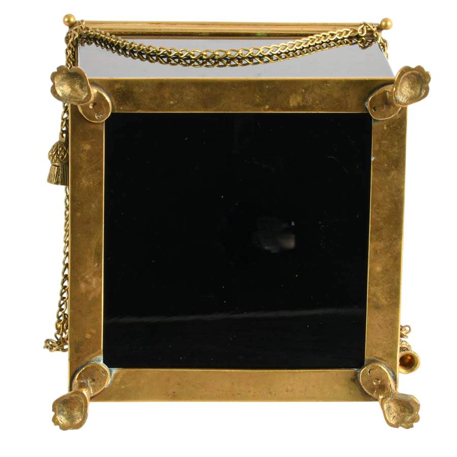 Footed Brass and Black Opaline Glass Cache Pot with Tassel Motif-5