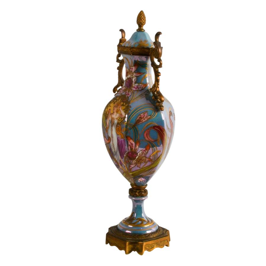 Antique French Sèvres-Style Art Nouveau Painted Porcelain Urn-5