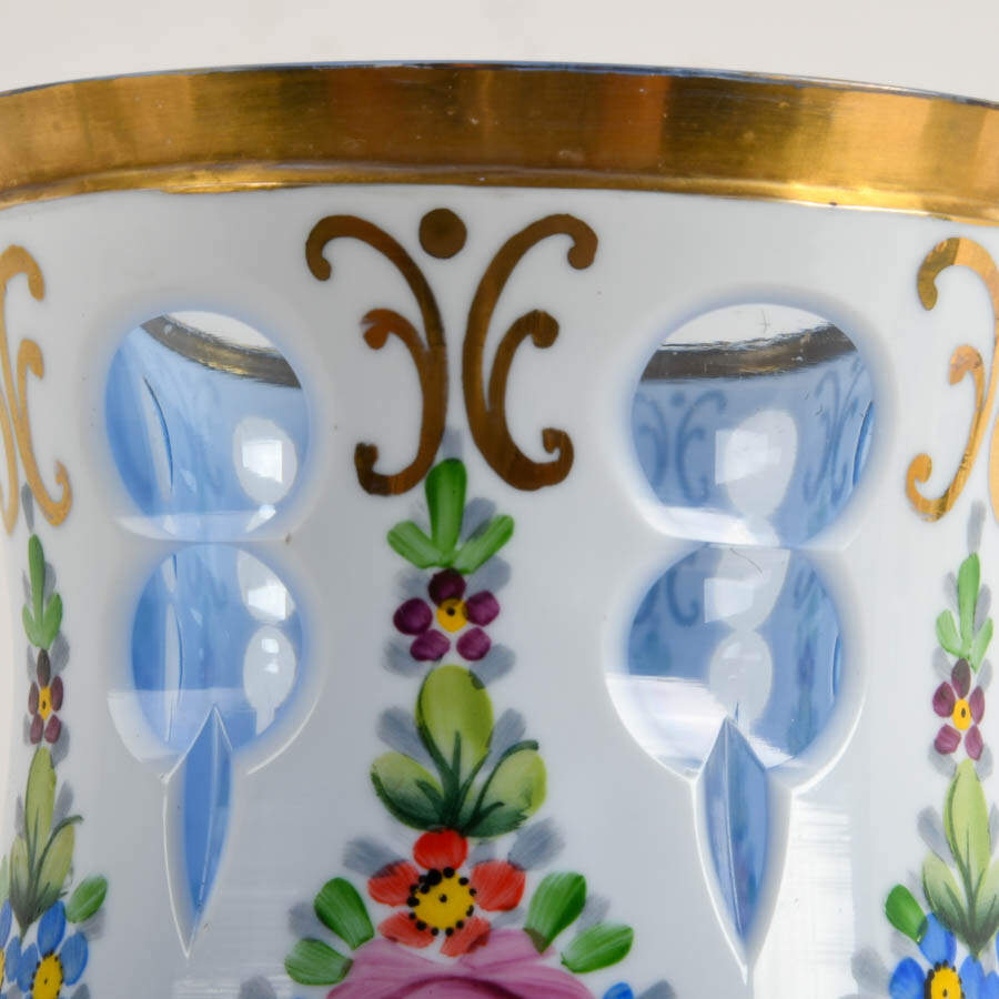 Antique Bohemian Hand-Painted Floral Glass Beaker Vase-4