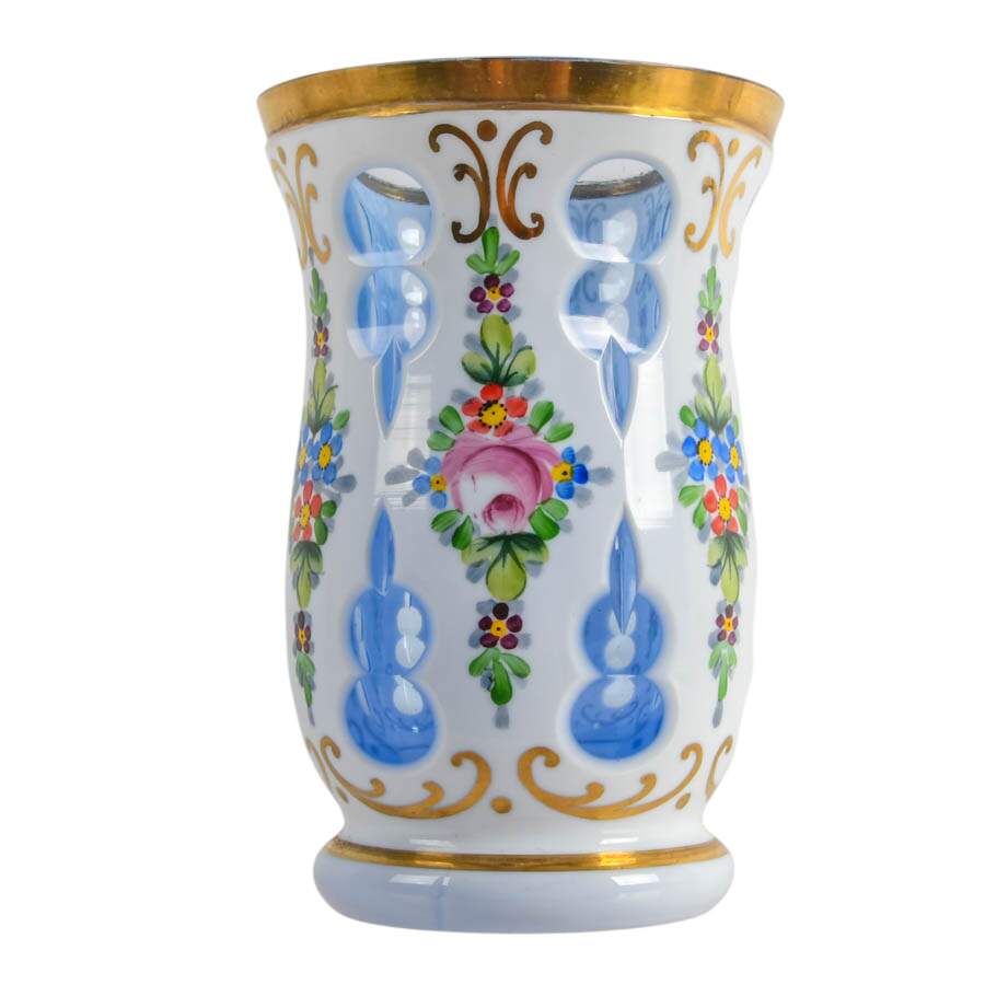 Antique Bohemian Hand-Painted Floral Glass Beaker Vase-3