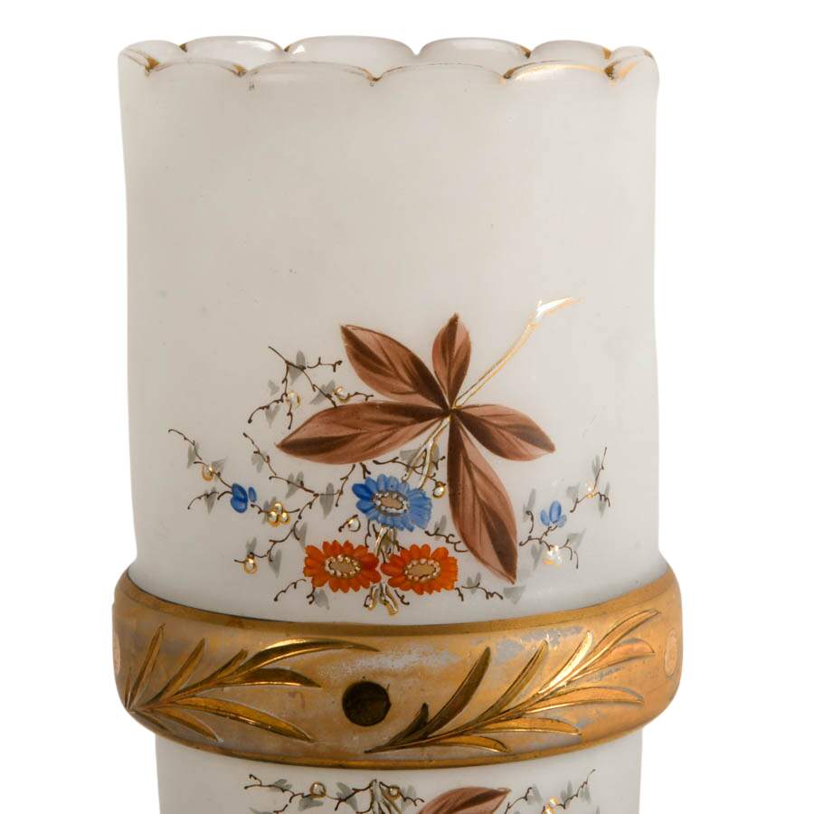 Antique Pair of Frosted Glass Vases Including a Hand-Painted Floral One-5