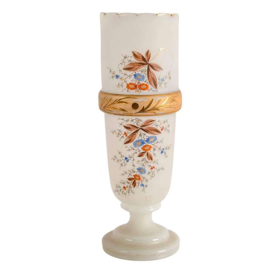 Antique Pair of Frosted Glass Vases Including a Hand-Painted Floral One-4