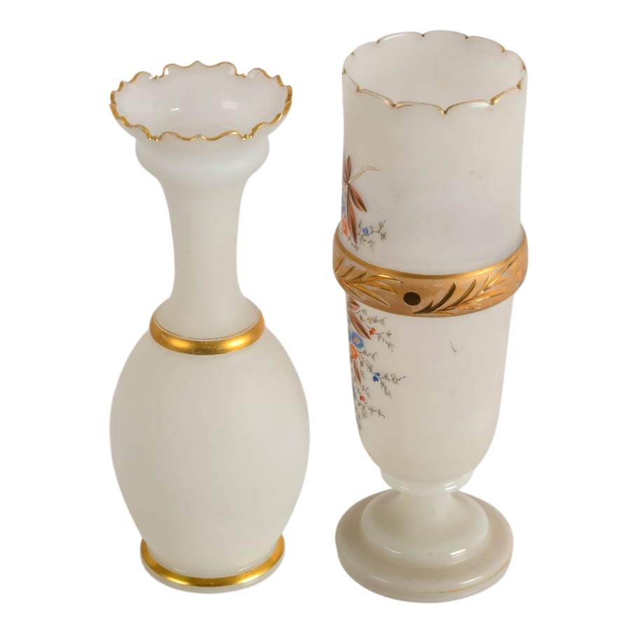 Antique Pair of Frosted Glass Vases Including a Hand-Painted Floral One-2