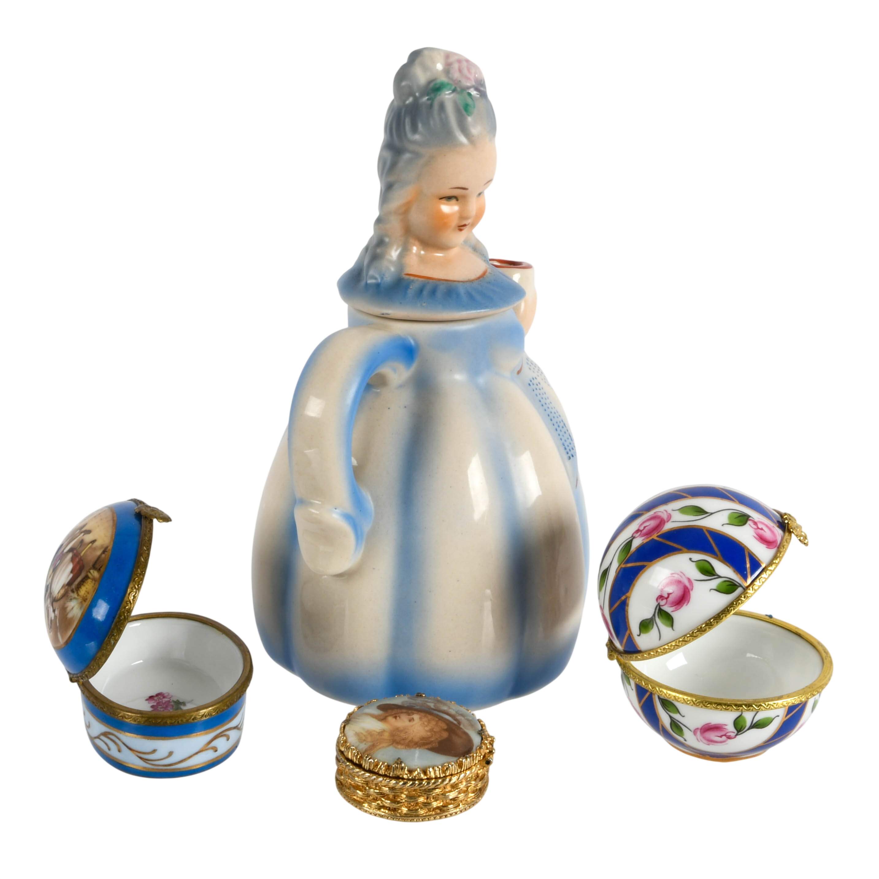 Ladies Items: Colonial Figural Cocoa Pot and 3 Trinket Boxes-2