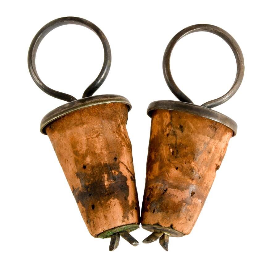2 Georgian Dark Amethyst Glass Melissa Flasks in Bronze Cathedral Mounts-6