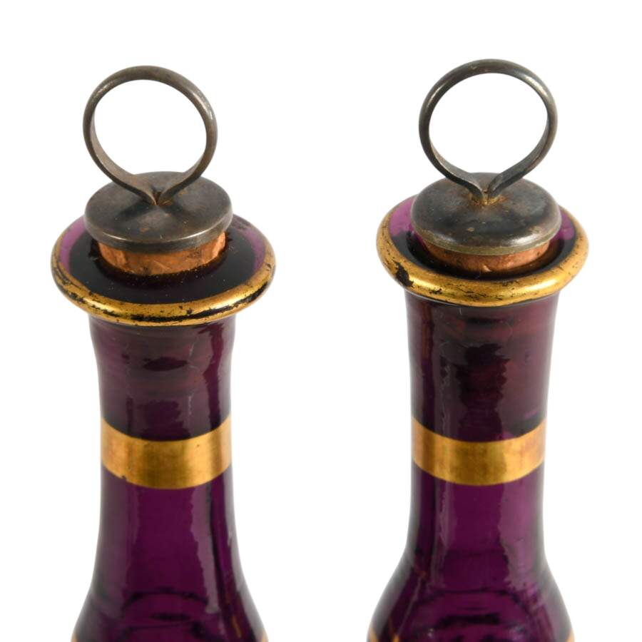 2 Georgian Dark Amethyst Glass Melissa Flasks in Bronze Cathedral Mounts-5