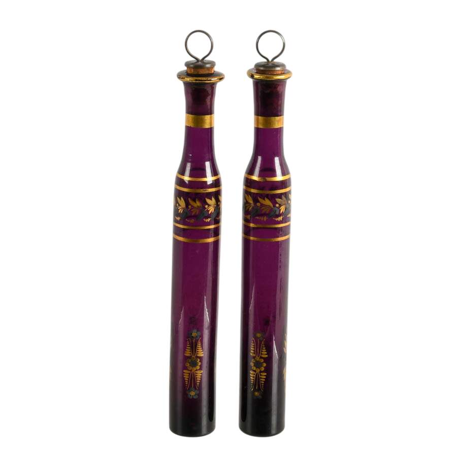 2 Georgian Dark Amethyst Glass Melissa Flasks in Bronze Cathedral Mounts-4