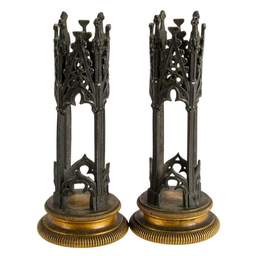 2 Georgian Dark Amethyst Glass Melissa Flasks in Bronze Cathedral Mounts-3