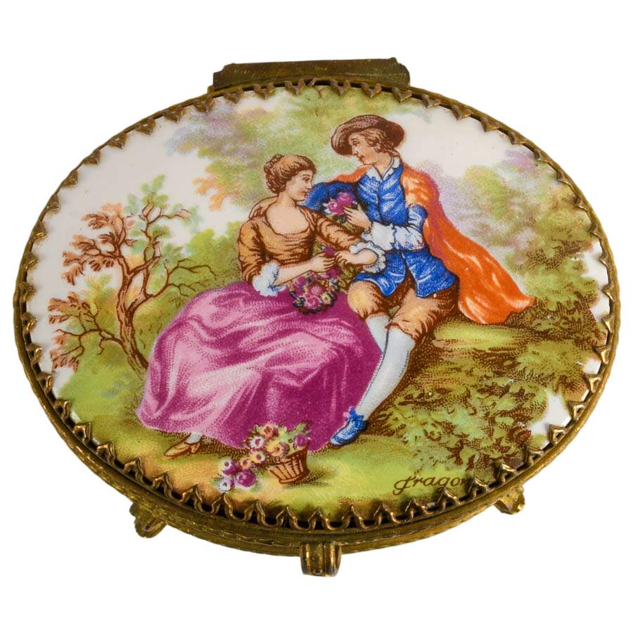 French-Style Mirrored Gilt Dresser Box with Porcelain Fragonard Scene Lid-2