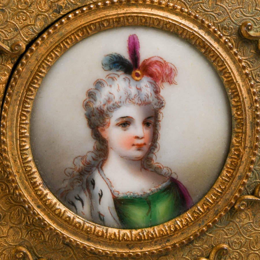 Vintage French Gilt Metal Miniature Portrait Jewelry Box-5