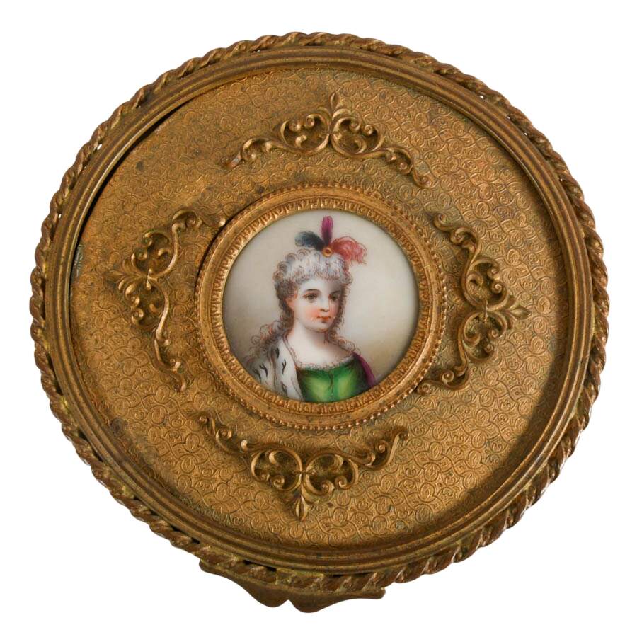 Vintage French Gilt Metal Miniature Portrait Jewelry Box-4