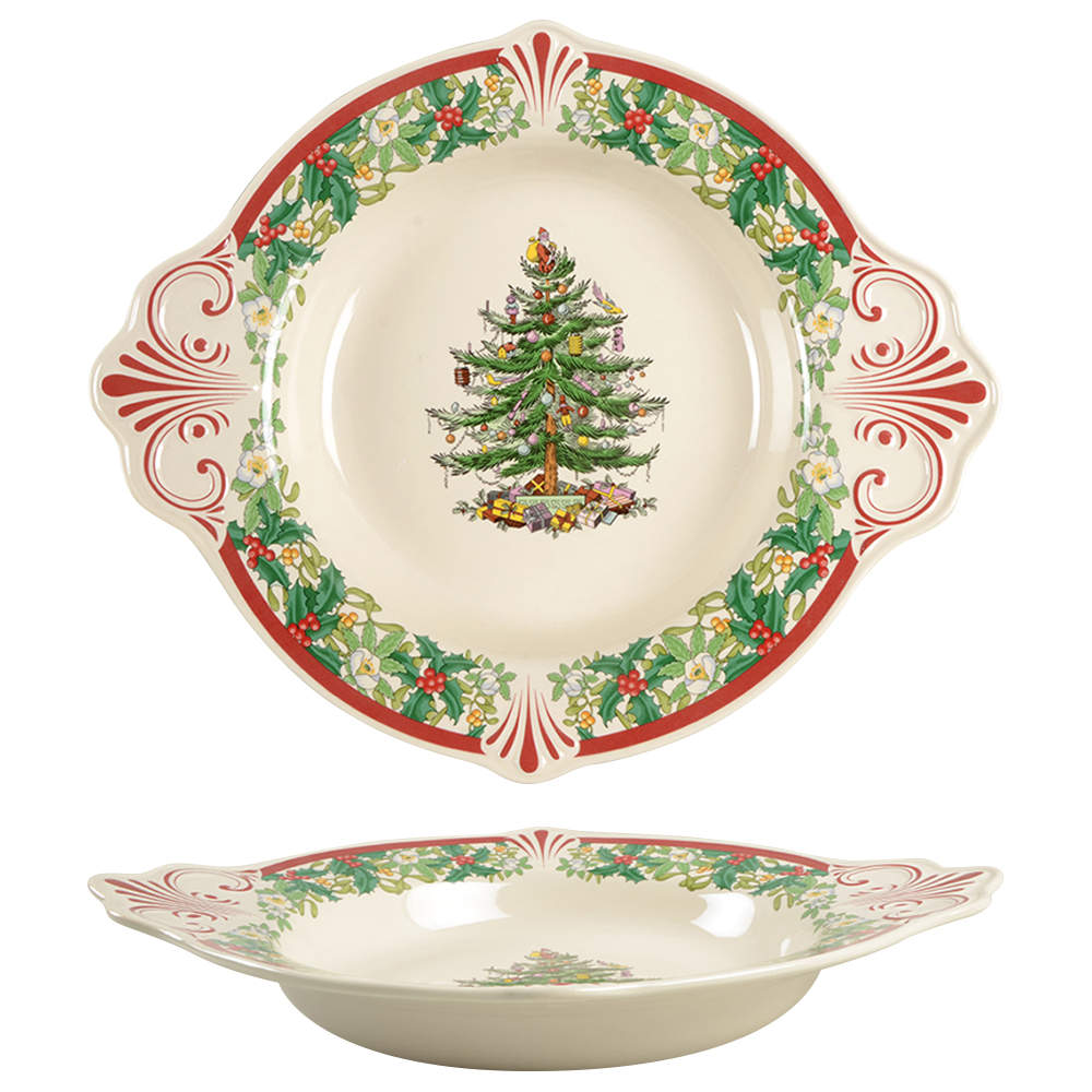 Christmas Tree 15" Round Handled Embossed 70th Anniversary Bowl by Spode-1