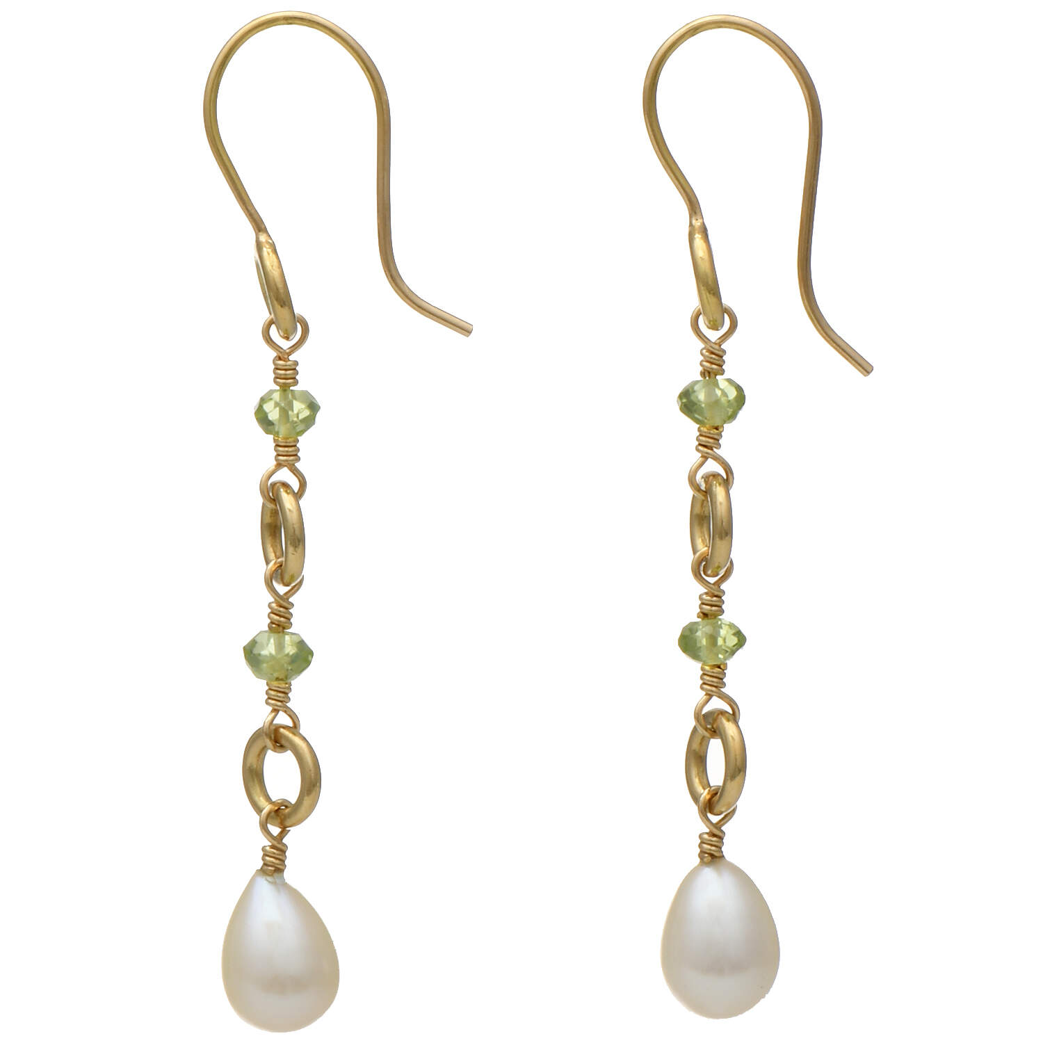14KY Cultured Pearl & Peridot Dangle  Earrings-2