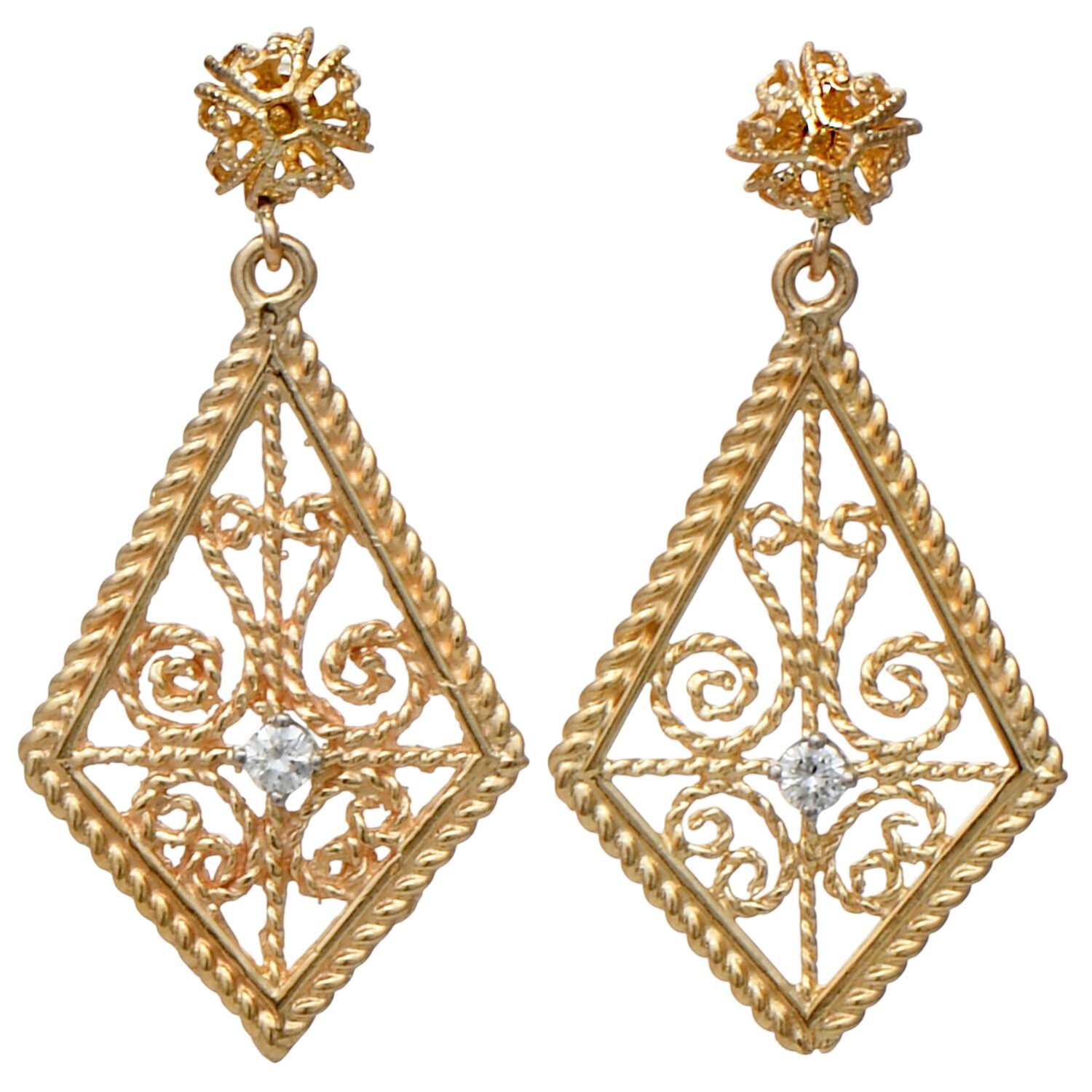 14KY Diamond(0.12) Filigree Dangle Earrings-1