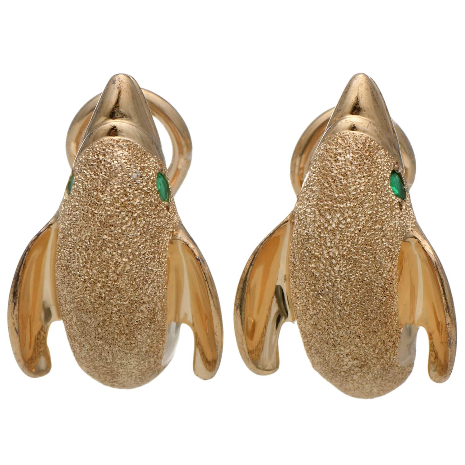 14KY Emerald Eyed Dolphin Textured Earrings-1