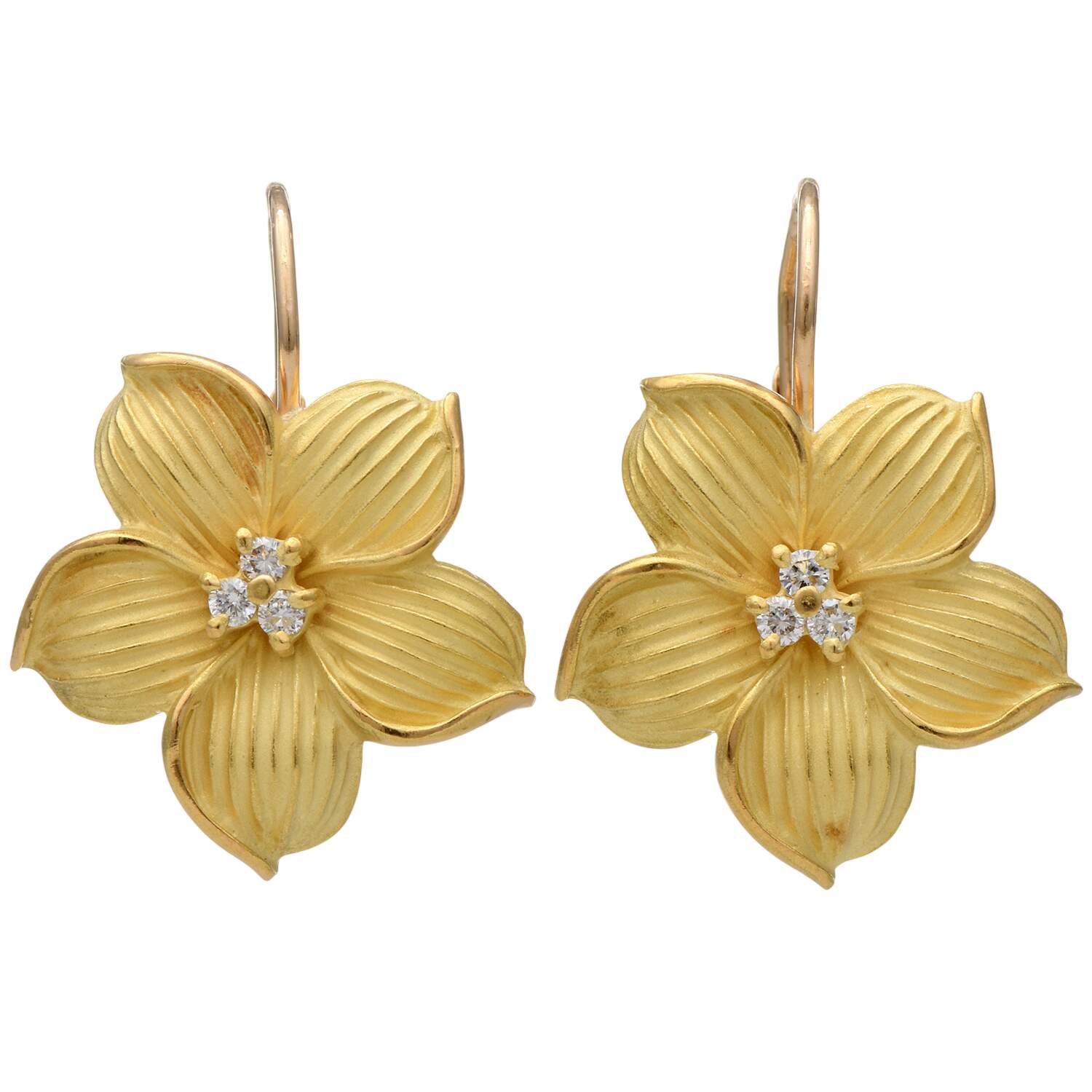 18KY Textured Diamond(0.15) Floral Drop Earrings-1