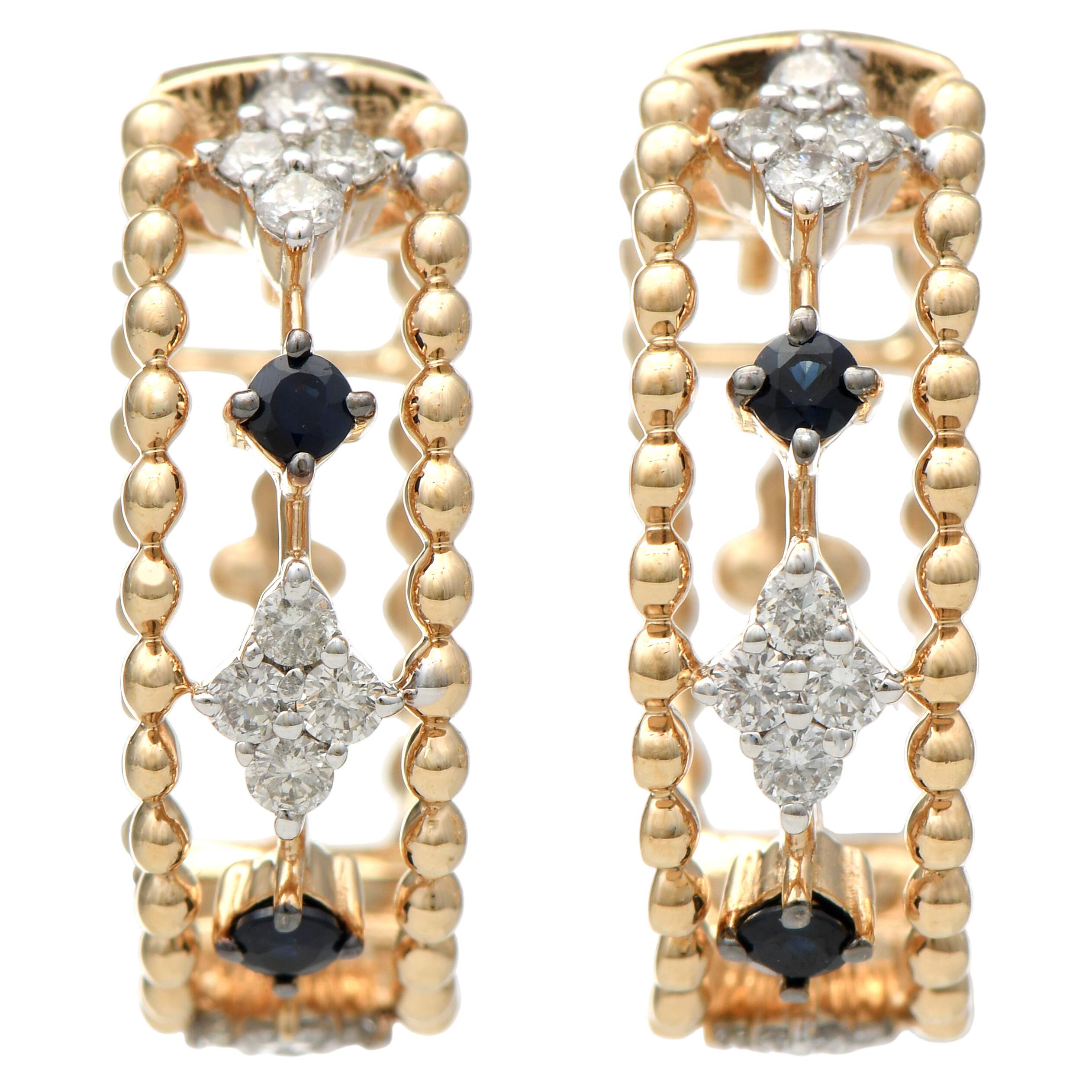 14KY Diamond(0.30) & Sapphire(0.12) Open Hoop Earrings-1