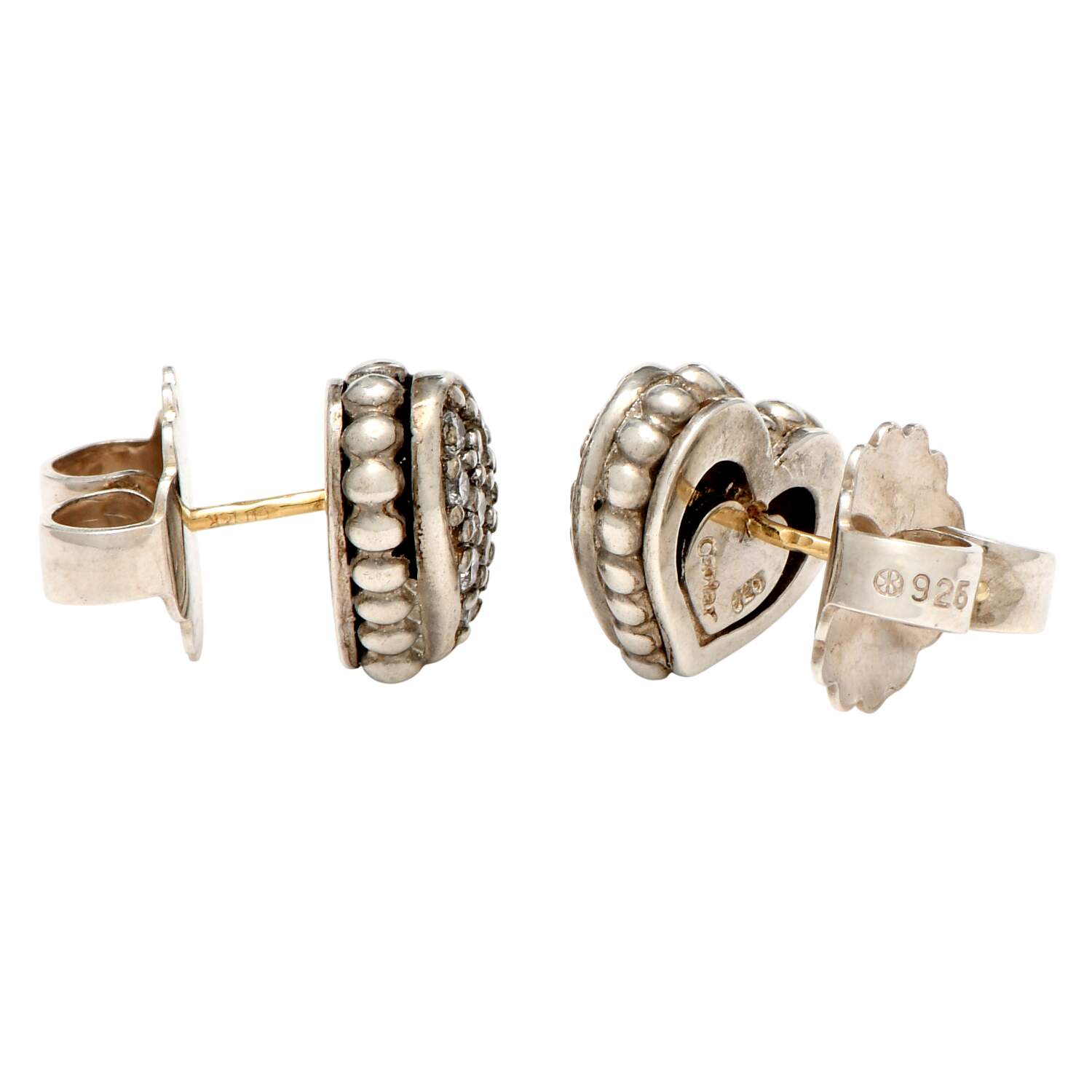 Sterling Silver 14KY Lagos Caviar Pave Diamond(0.52) Heart Stud Earrings-3
