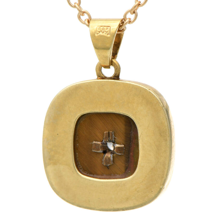 14KY Tigers Eye & Diamond Accent Bezel Necklace-2